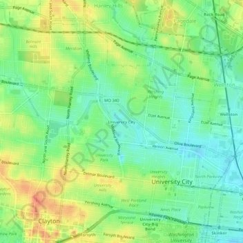 Mapa topográfico University City, altitud, relieve