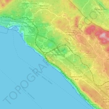 Mapa topográfico Aurisina, altitud, relieve