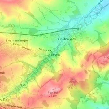 Mapa topográfico Scissett, altitud, relieve