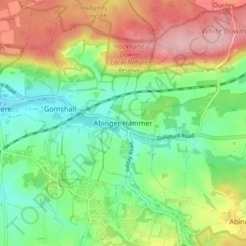 Mapa topográfico Abinger Hammer, altitud, relieve