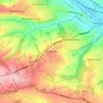 Mapa topográfico Overton, altitud, relieve