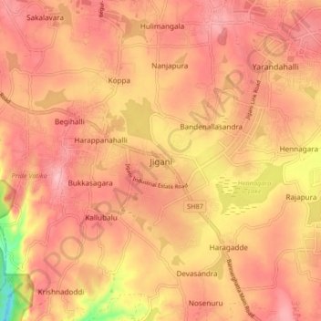 Mapa topográfico Jigani, altitud, relieve