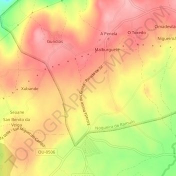 Mapa topográfico Fontela, altitud, relieve