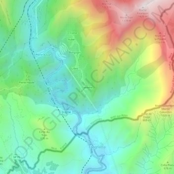 Mapa topográfico Giastève, altitud, relieve