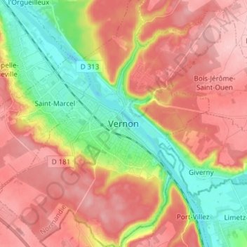 Mapa topográfico Vernon, altitud, relieve