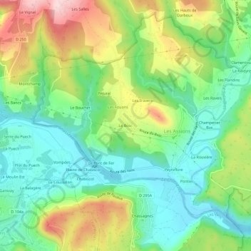 Mapa topográfico Le Bosc, altitud, relieve
