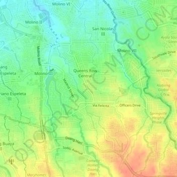 Mapa topográfico Queens Row Central, altitud, relieve