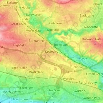 Mapa topográfico Kearsley, altitud, relieve