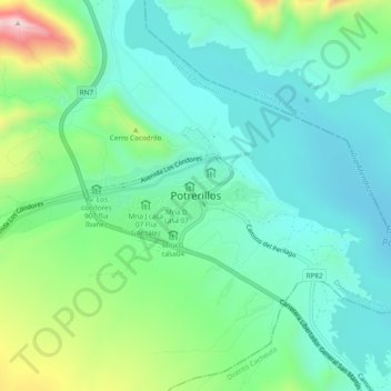 Mapa topográfico Potrerillos, altitud, relieve