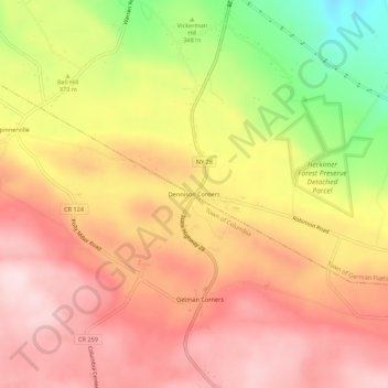 Mapa topográfico Dennison Corners, altitud, relieve