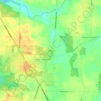 Mapa topográfico Toney, altitud, relieve