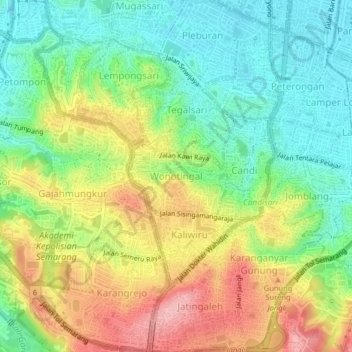 Mapa topográfico Wonotingal, altitud, relieve
