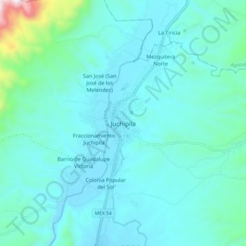 Mapa topográfico Juchipila, altitud, relieve