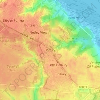 Mapa topográfico Hardley, altitud, relieve