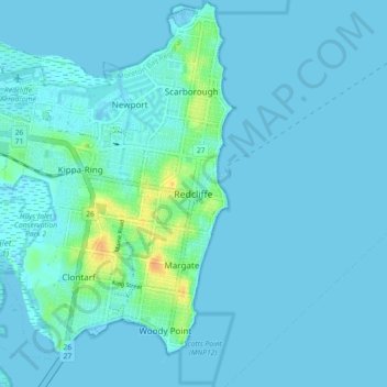 Mapa topográfico Redcliffe, altitud, relieve