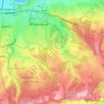 Mapa topográfico Godden Green, altitud, relieve