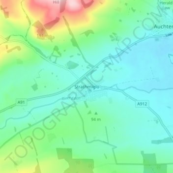 Mapa topográfico Strathmiglo, altitud, relieve