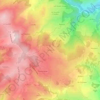 Mapa topográfico Prandière, altitud, relieve