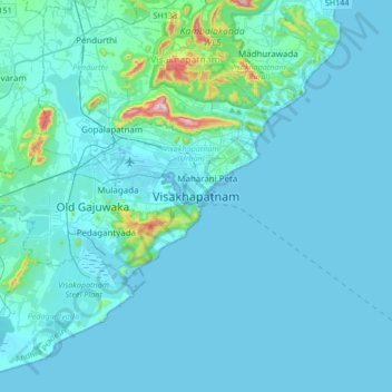 Mapa topográfico Visakhapatnam, altitud, relieve
