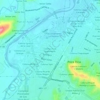 Mapa topográfico Colonia 27 de Septiembre, altitud, relieve