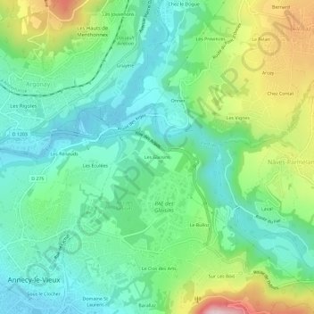 Mapa topográfico Les Glaisins, altitud, relieve