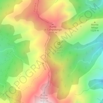 Mapa topográfico Source d'Acques Suprane, altitud, relieve