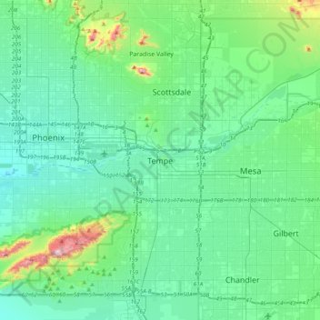 Mapa topográfico Tempe, altitud, relieve