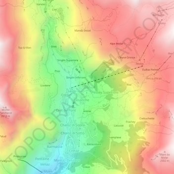 Mapa topográfico Loz, altitud, relieve