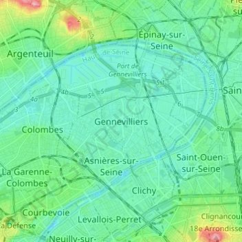 Mapa topográfico Gennevilliers, altitud, relieve