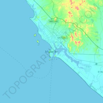 Mapa topográfico Mazatlán, altitud, relieve