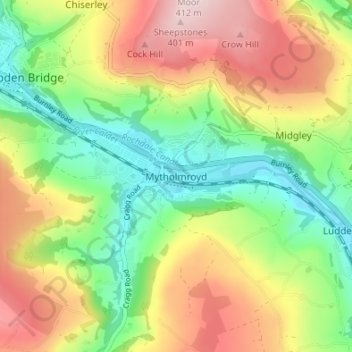 Mapa topográfico Mytholmroyd, altitud, relieve
