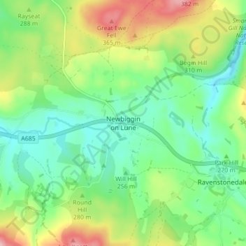 Mapa topográfico Newbiggin on Lune, altitud, relieve