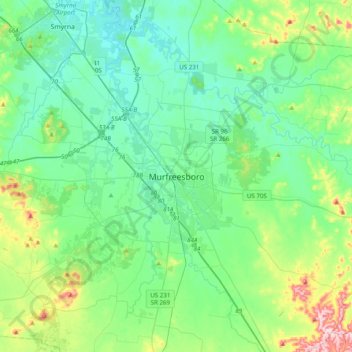 Mapa topográfico Murfreesboro, altitud, relieve