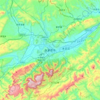 Mapa topográfico Zhangjiajie, altitud, relieve