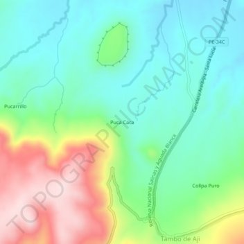 Mapa topográfico Puca Caca, altitud, relieve