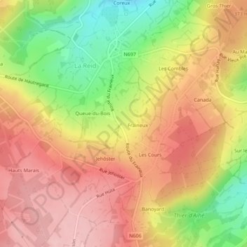 Mapa topográfico Fraineux, altitud, relieve