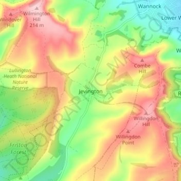 Mapa topográfico Jevington, altitud, relieve