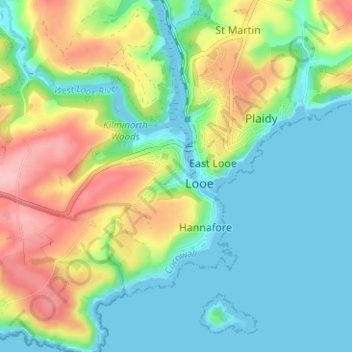 Mapa topográfico West Looe, altitud, relieve