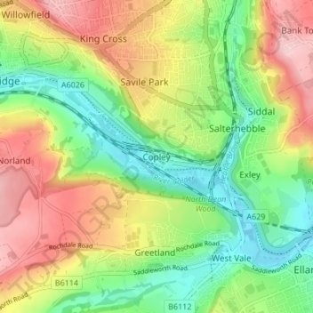 Mapa topográfico Copley, altitud, relieve