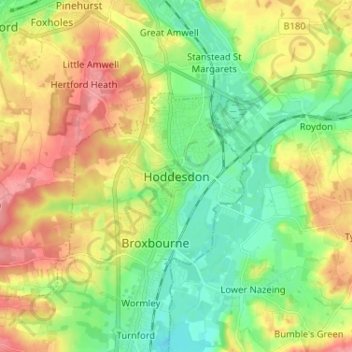 Mapa topográfico Hoddesdon, altitud, relieve