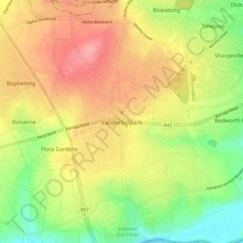 Mapa topográfico Vanderbijlpark, altitud, relieve