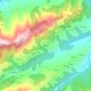 Mapa topográfico Bierces, altitud, relieve