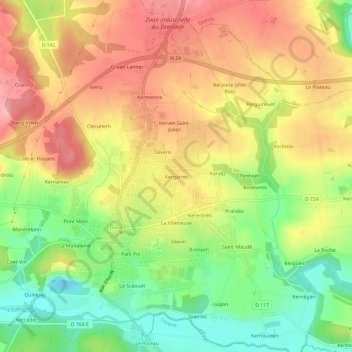 Mapa topográfico Kergarrec, altitud, relieve
