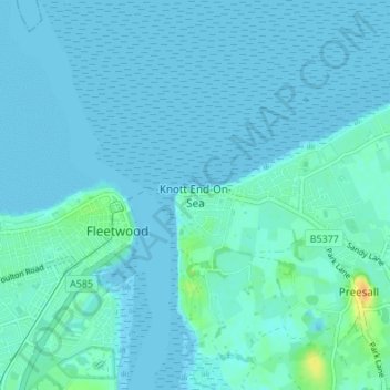Mapa topográfico Knott End-On-Sea, altitud, relieve