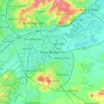 Mapa topográfico West Bridgford, altitud, relieve