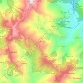 Mapa topográfico Letibunga, altitud, relieve