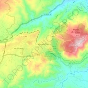 Mapa topográfico Nuoro, altitud, relieve