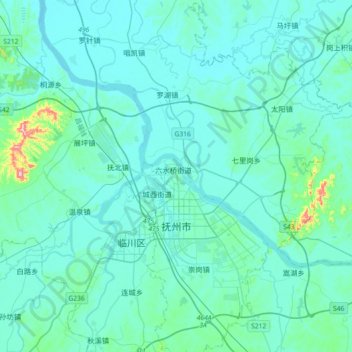 Mapa topográfico Fuzhou, altitud, relieve