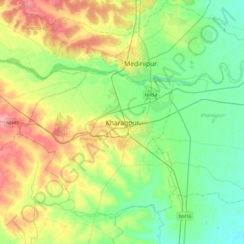 Mapa topográfico Kharagpur, altitud, relieve