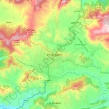 Mapa topográfico Pithoragarh, altitud, relieve